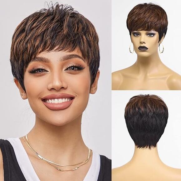 NWT ~ Women's Short Reddish Brown Pixie 4" Wig with Blond Front Highlights - Picture 1 of 1